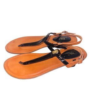 Polo Ralph Lauren Womens 7 Black Tan Gold Leather Thong Sandals Preppy Money